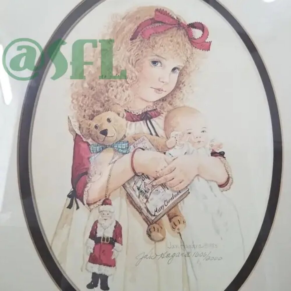 1983 Jan Hagara Lithograph Carol Signed Art Framed Victorian Girl Teddy Santa